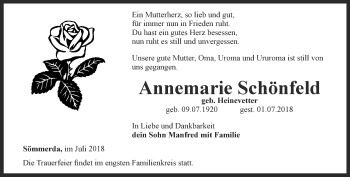 Traueranzeige von Annemarie Schönfeld von Thüringer Allgemeine