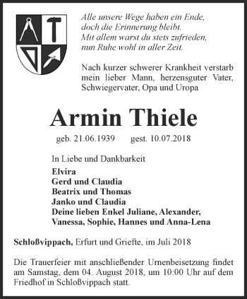 Traueranzeige von Armin Thiele von Thüringer Allgemeine