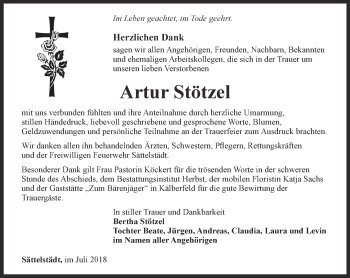 Traueranzeige von Artur Stötzel von Thüringer Allgemeine, Thüringische Landeszeitung