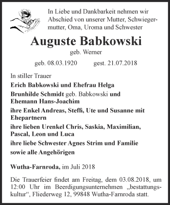 Traueranzeige von Auguste Bobkowski von Thüringer Allgemeine, Thüringische Landeszeitung