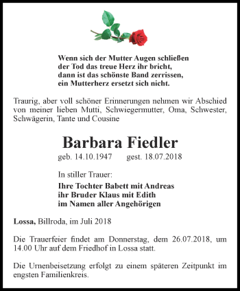 Traueranzeige von Barbara Fiedler von Thüringer Allgemeine