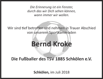 Traueranzeige von Bernd Kroke von Ostthüringer Zeitung