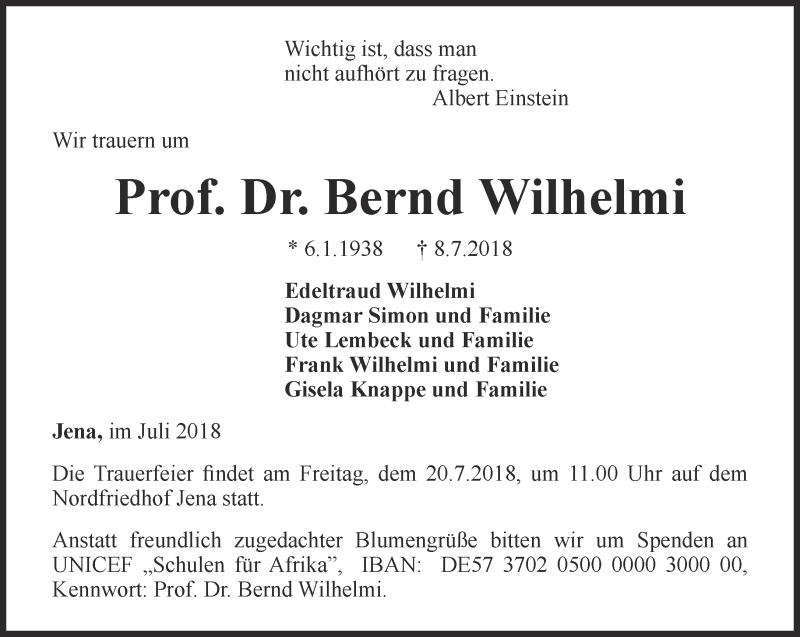  Traueranzeige für Bernd Wilhelmi vom 14.07.2018 aus Ostthüringer Zeitung, Thüringische Landeszeitung