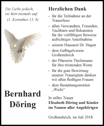 Traueranzeige von Bernhard Döring von Thüringer Allgemeine