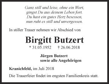 Traueranzeige von Birgitt Butzert von Thüringer Allgemeine, Thüringische Landeszeitung