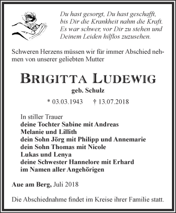 Traueranzeige von Brigitta Ludewig von Ostthüringer Zeitung