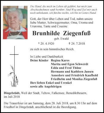 Traueranzeige von Brunhilde Ziegenfuß von Thüringer Allgemeine