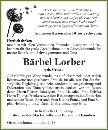 Traueranzeige von Bärbel Lorber von Thüringer Allgemeine, Thüringische Landeszeitung