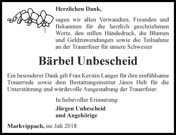 Traueranzeige von Bärbel Unbescheid von Thüringer Allgemeine