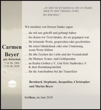 Traueranzeige von Carmen Beyer von Ostthüringer Zeitung