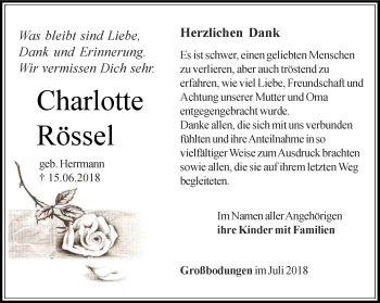 Traueranzeige von Charlotte Rössel von Thüringer Allgemeine