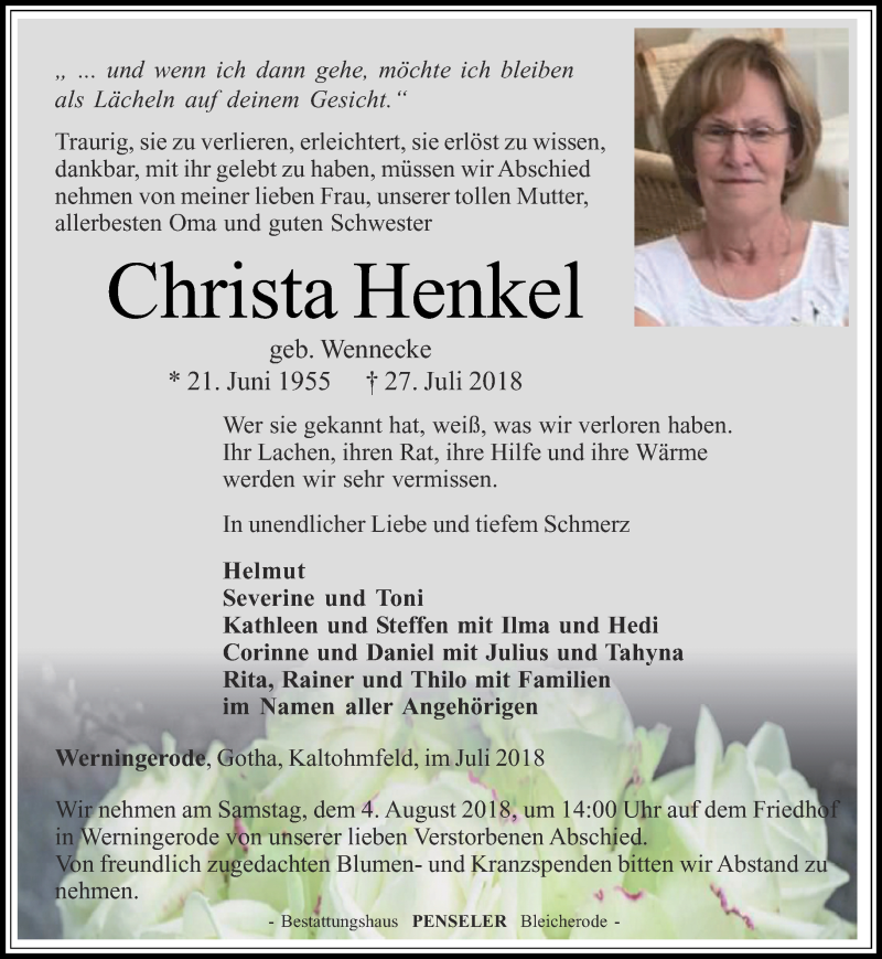  Traueranzeige für Christa Henkel vom 31.07.2018 aus Thüringer Allgemeine