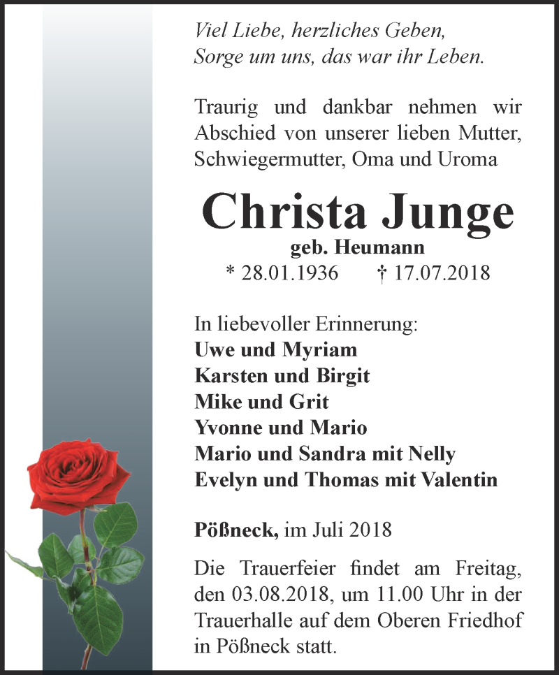  Traueranzeige für Christa Junge vom 28.07.2018 aus Ostthüringer Zeitung