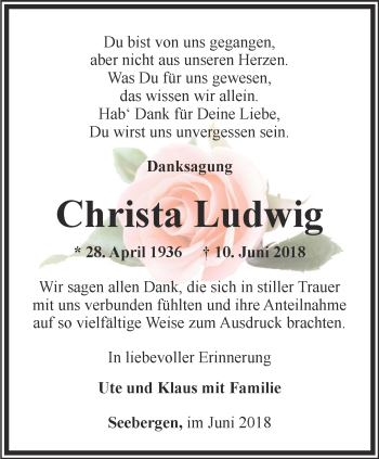 Traueranzeige von Christa Ludwig von Ostthüringer Zeitung, Thüringische Landeszeitung