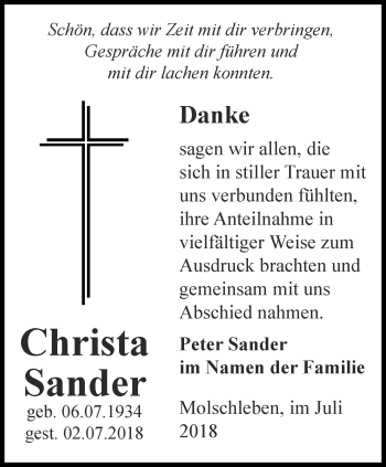 Traueranzeige von Christa Sander von Ostthüringer Zeitung, Thüringische Landeszeitung