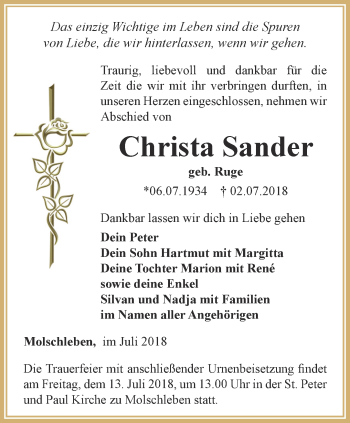 Traueranzeige von Christa Sander von Ostthüringer Zeitung, Thüringische Landeszeitung