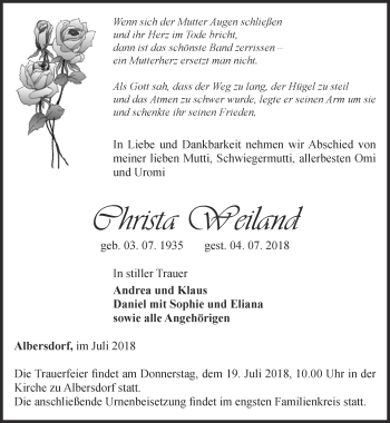 Traueranzeige von Christa Weiland von Ostthüringer Zeitung