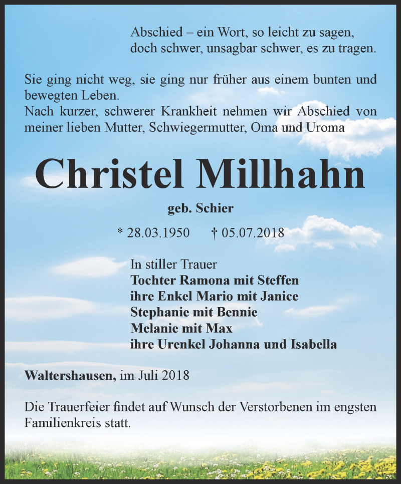  Traueranzeige für Christel Millhahn vom 14.07.2018 aus Ostthüringer Zeitung, Thüringische Landeszeitung