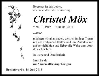 Traueranzeige von Christel Möx von Thüringer Allgemeine