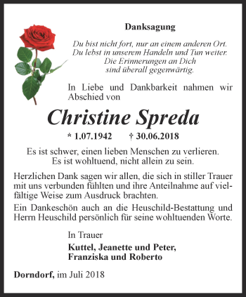 Traueranzeige von Christine Spreda von Ostthüringer Zeitung, Thüringische Landeszeitung