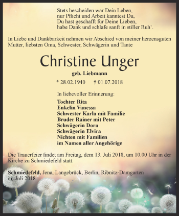 Traueranzeige von Christine Unger von Ostthüringer Zeitung