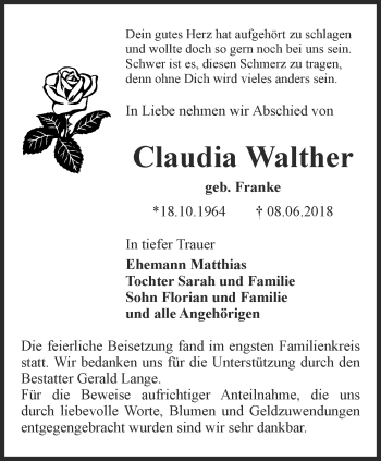 Traueranzeige von Claudia Walther von Ostthüringer Zeitung