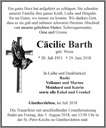 Traueranzeige von Cäcilie Barth von Ostthüringer Zeitung, Thüringische Landeszeitung