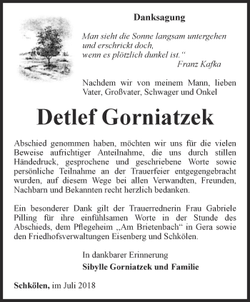 Traueranzeige von Detlef Gorniatzek von Ostthüringer Zeitung