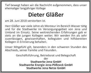 Traueranzeige von Dieter Gläßer von Ostthüringer Zeitung, Thüringische Landeszeitung