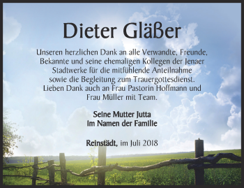 Traueranzeige von Dieter Gläßer von Ostthüringer Zeitung, Thüringische Landeszeitung