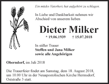 Traueranzeige von Dieter Milker von Ostthüringer Zeitung