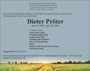 Traueranzeige von Dieter Pröter von Ostthüringer Zeitung