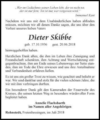 Traueranzeige von Dieter Skibbe von Thüringer Allgemeine