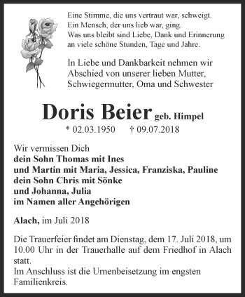 Traueranzeige von Doris Beier von Thüringer Allgemeine, Thüringische Landeszeitung