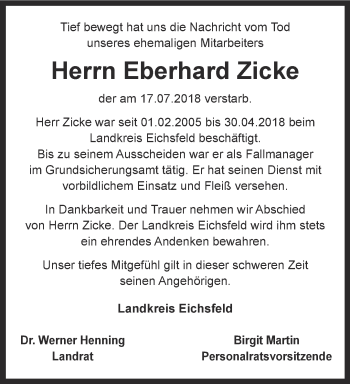 Traueranzeige von Eberhard Zicke von Thüringer Allgemeine