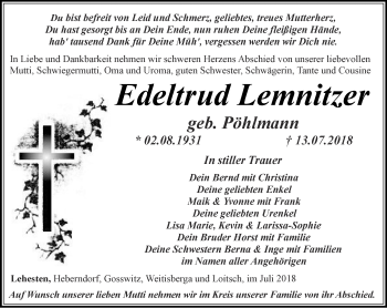 Traueranzeige von Edeltrud Lemnitzer von Ostthüringer Zeitung