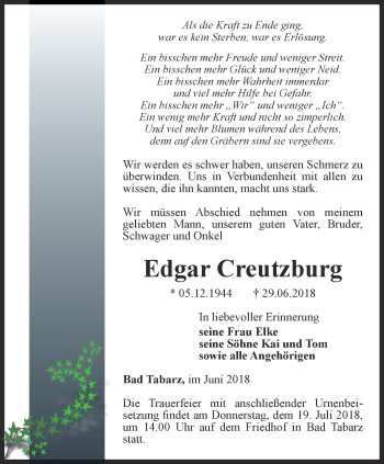 Traueranzeige von Edgar Creutzburg von Ostthüringer Zeitung, Thüringische Landeszeitung