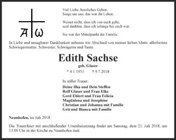 Traueranzeige von Edith Sachse