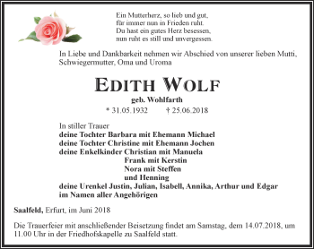 Traueranzeige von Edith Wolf
