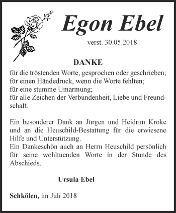 Traueranzeige von Egon Ebel von Ostthüringer Zeitung