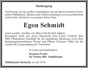 Traueranzeige von Egon Schmidt von Ostthüringer Zeitung