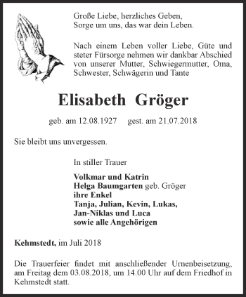 Traueranzeige von Elisabeth Gröger von Thüringer Allgemeine