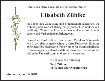 Traueranzeige von Elisabeth Zühlke von Thüringer Allgemeine