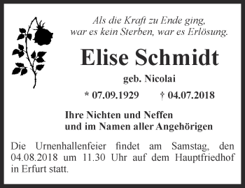 Traueranzeige von Elise Schmidt von Thüringer Allgemeine, Thüringische Landeszeitung