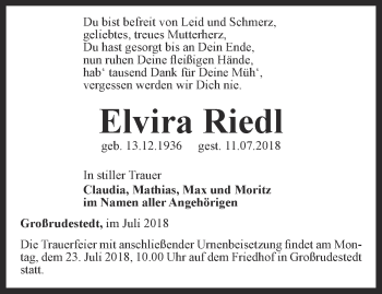 Traueranzeige von Elvira Riedl von Thüringer Allgemeine, Thüringische Landeszeitung