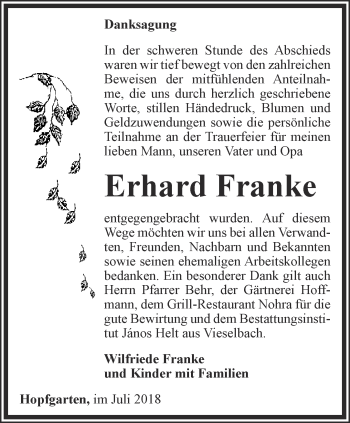 Traueranzeige von Erhard Franke von Thüringer Allgemeine, Thüringische Landeszeitung