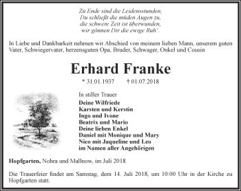 Traueranzeige von Erhard Franke von Thüringer Allgemeine, Thüringische Landeszeitung