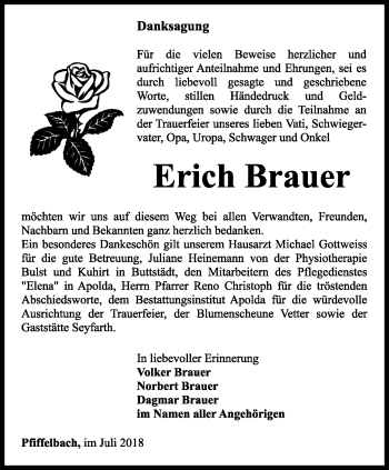 Traueranzeige von Erich Brauer von Thüringer Allgemeine, Thüringische Landeszeitung