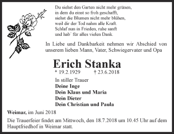 Traueranzeige von Erich Stanka von Thüringer Allgemeine, Thüringische Landeszeitung
