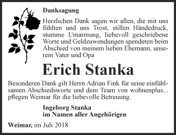 Traueranzeige von Erich Stanka von Thüringer Allgemeine, Thüringische Landeszeitung